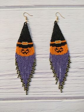 Beaded Witch Hat Fringe Earrings in Black, Orange & Purple